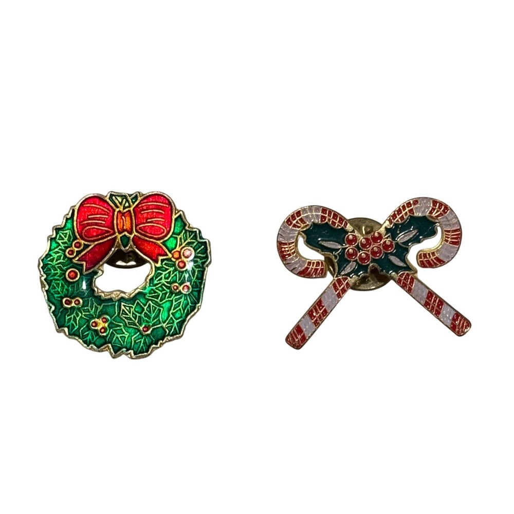 Vintage Christmas Lapel Pin Set Red Green Enamel Wreath Candy Cane‎ Bow Holiday